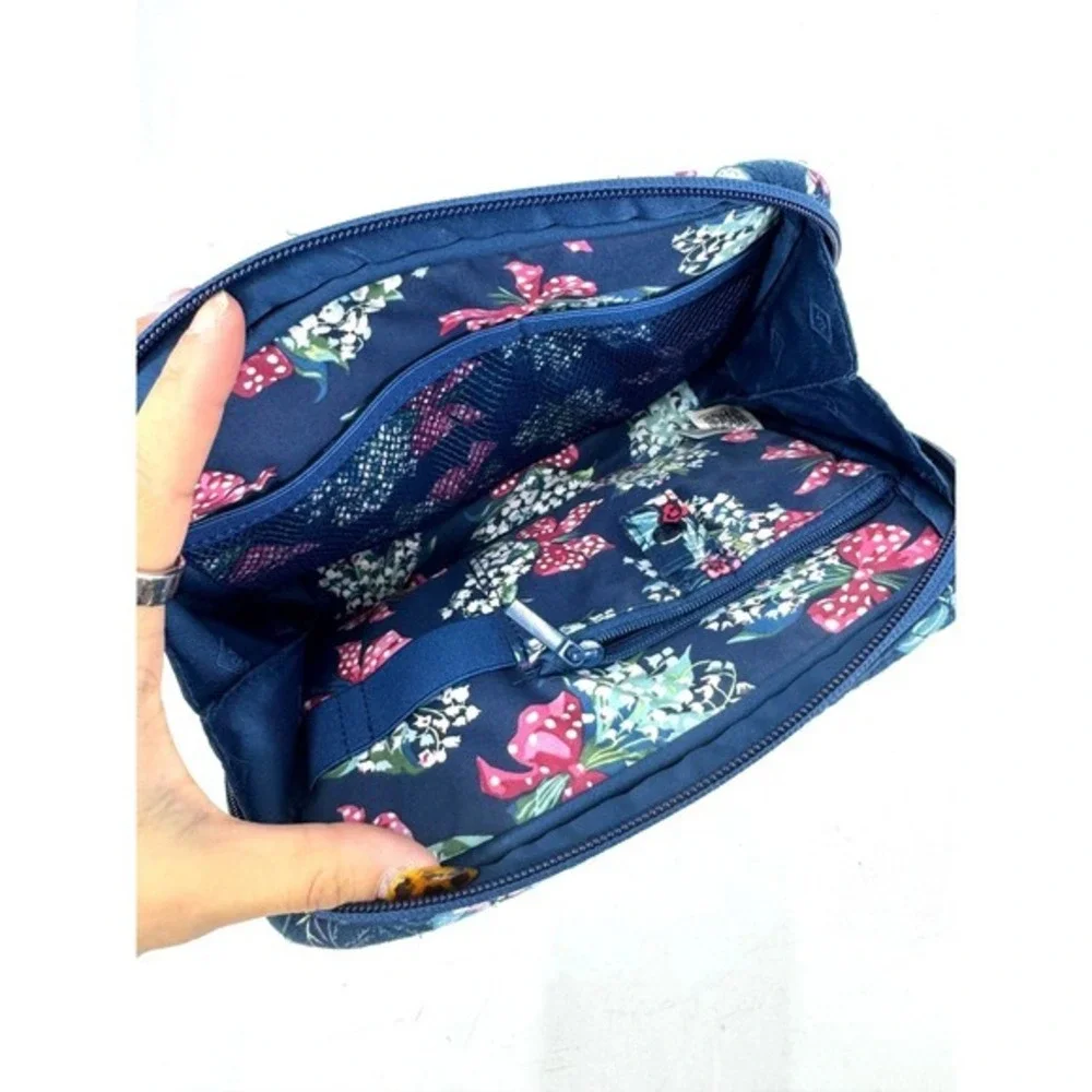 Vera Bradley Quilted Cotton Cosmetic‎ Bag Navy Blue Floral Travel Makeup Pouch